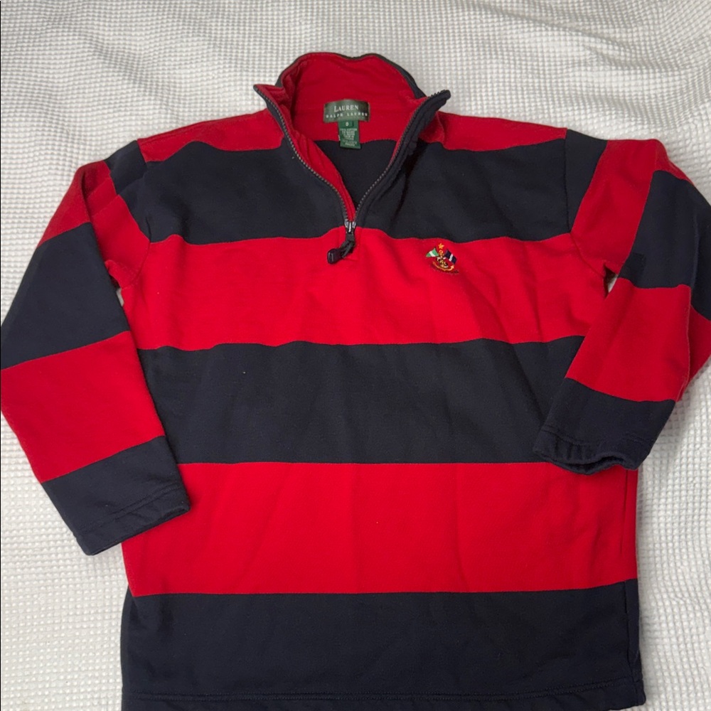 Lauren Ralph Lauren Red and Navy Striped Qtr-Zip Pullover - Size Small